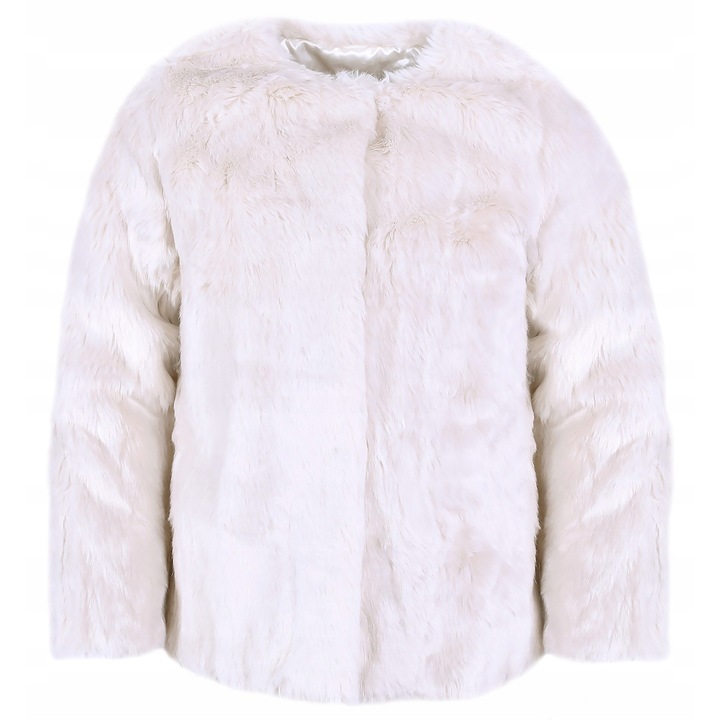 Palton Jacheta Blana Artificiala Crem pentru Fete, 12-13 Ani, 158 cm, Moale, Fara Guler