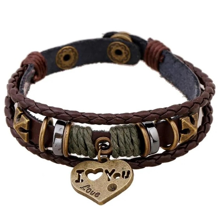Bratara I Love You, IZMAEL, piele ecologica, marime 21cm, maro