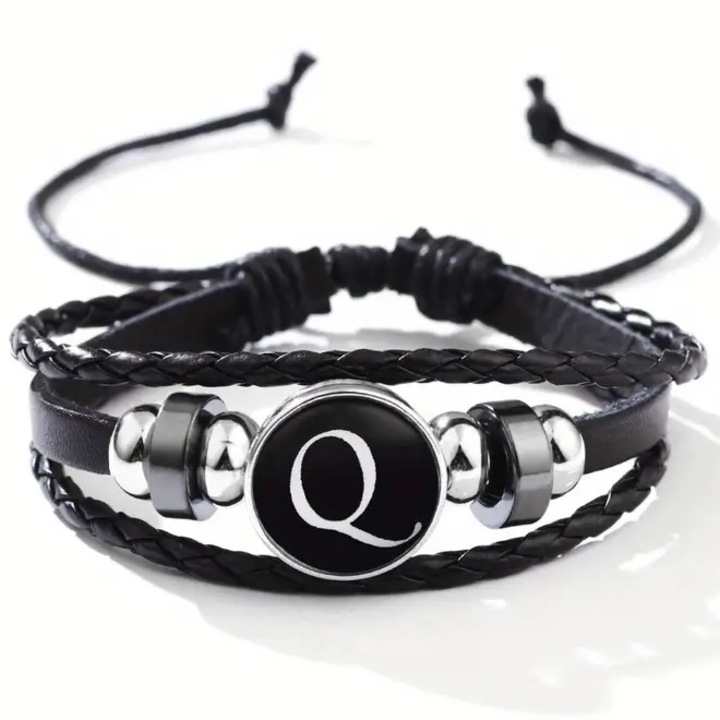 Bratara femei, IZMAEL, litera Q, piele ecologica, negru/argintiu
