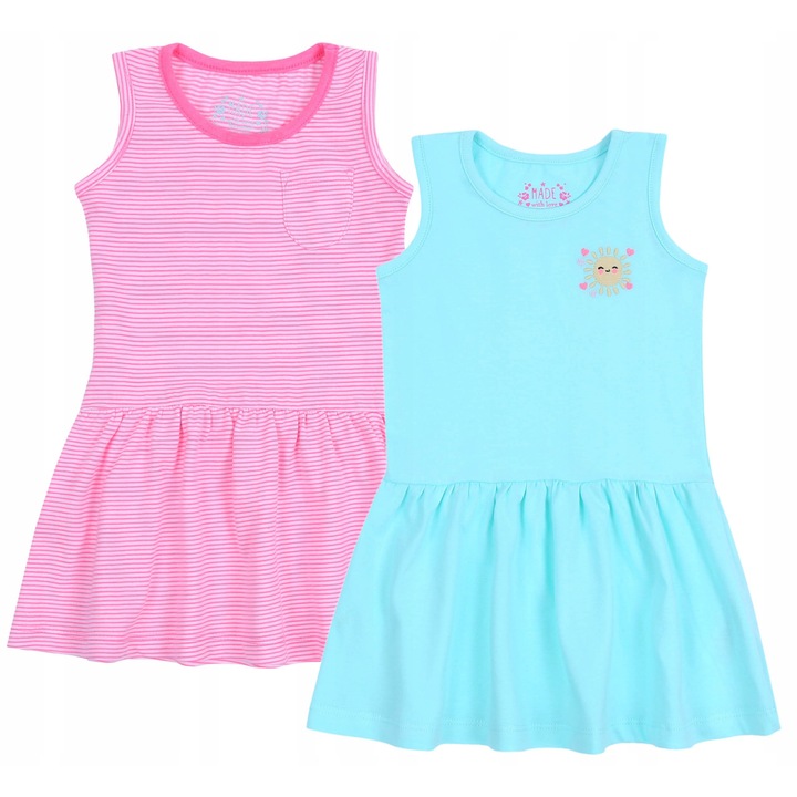 Set 2 Rochite Bebelusi Fete, roz cu dungi si albastru cu soare, 3-6 luni, 68 cm, bumbac 100%