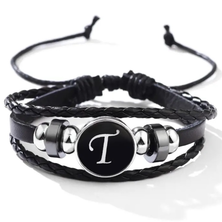 Bratara Abeceda, IZMAEL, litera T, negru/argintiu, piele ecologică