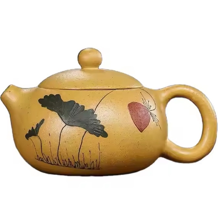 Ceainic IZMAEL LI-37635, motiv lotus și pește, ceramică, galben, 220ml