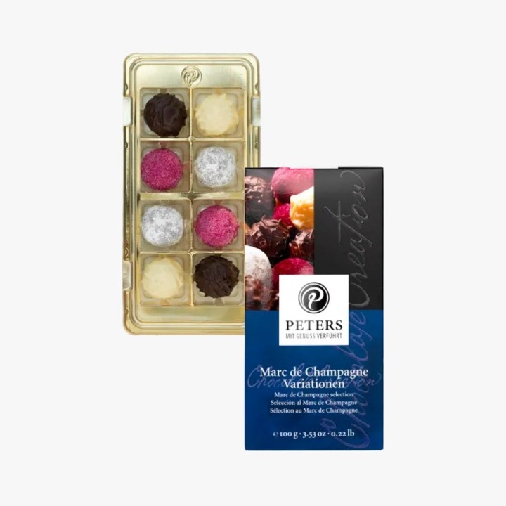 Trufe artizanale Peters, cu Marc de Champagne, 100g, ciocolată albă și amăruie