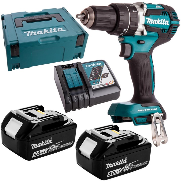 Masina de gaurit si insurubat, Makita, 18V, 54Nm, 2 acumulatori 5Ah, tehnologie XPT