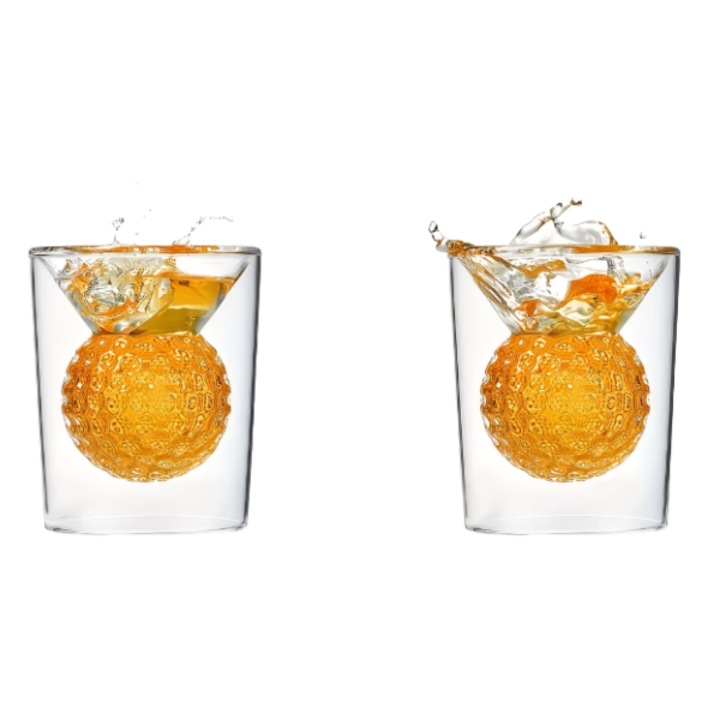 Set pahare cu interior minge de golf din sticla borosilicata, rezistente la caldura, pentru wisky, tequila, cocktailuri, cafea, 7x6x5 cm, 50 ml - 2 bucati