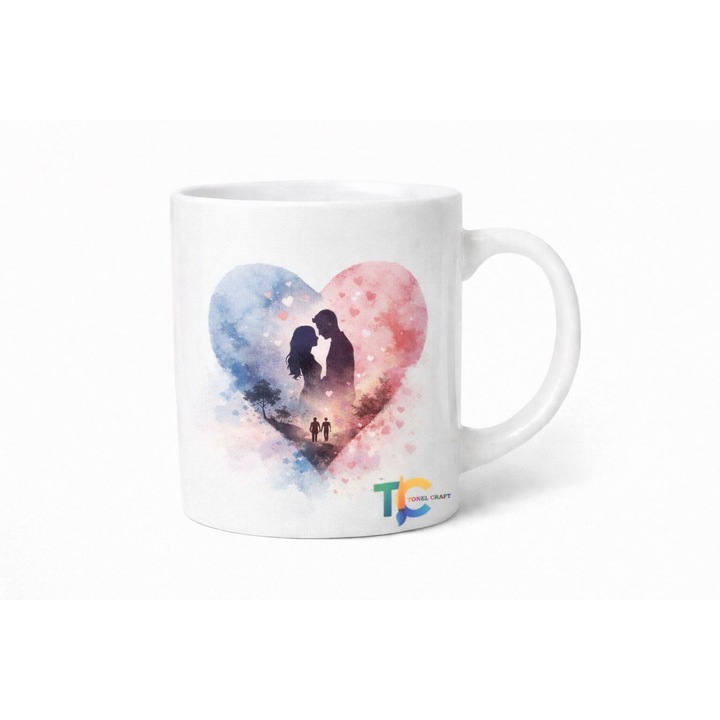 Cana personalizata cuplu cu inima artistica, ceramica 330 ml, cadou romantic pentru aniversare si Valentine’s Day