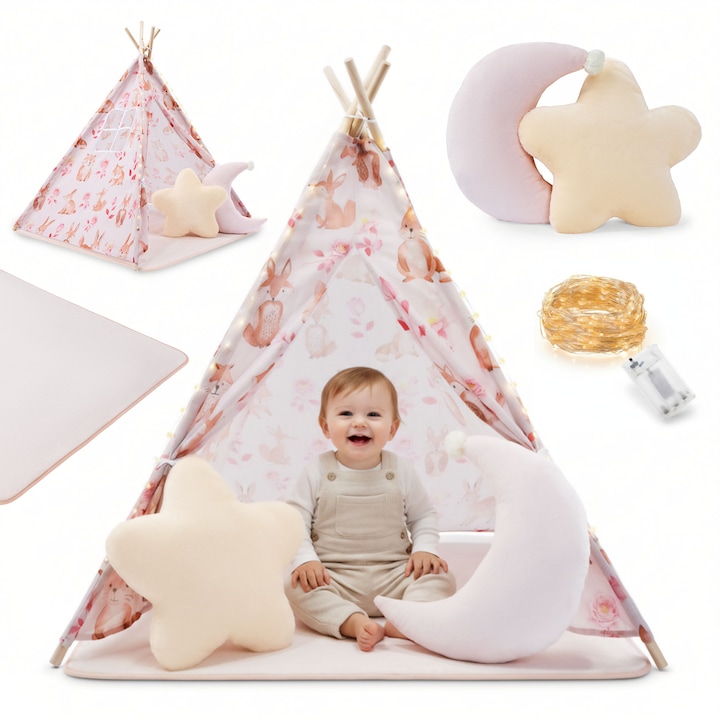 Cort tipi pentru copii Mamabrum MAM274, roz, cu saltea groasa, perne decorative si lumini LED, design forestier, 100×100×135 cm, 3+