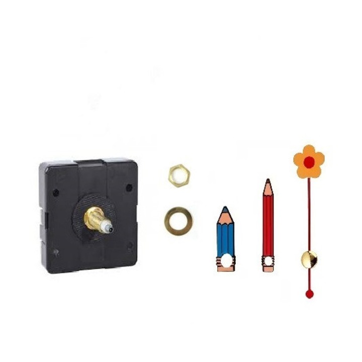 Mecanism ceas perete silentios, ax 16mm, cu Repere, limbi ceas perete, tip creion, 3 cm orar si 4 cm minutar, metalice cu secundar tip floare