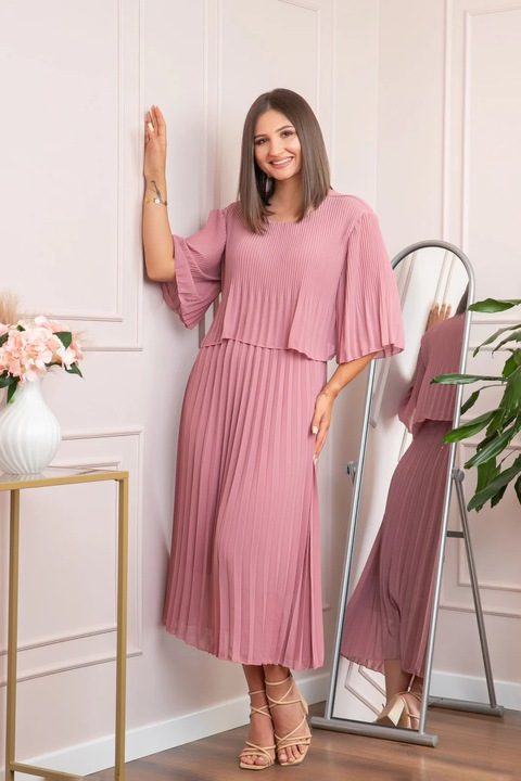 Rochie eleganta plisata Arielle, Roz pudrat, One Size