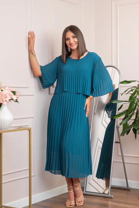 Rochie eleganta plisata Arielle, Turcoaz, One Size