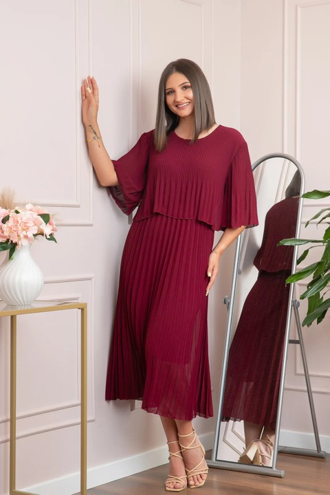 Rochie eleganta plisata Arielle, Rosu grenadine, One Size