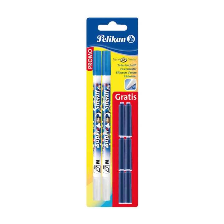 Set corectoare Pelikan Super Pirat, 2 buc, albastru, varf M, 6 patroane cerneala albastra