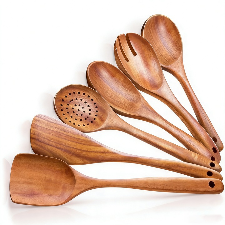 Set de ustensile de bucătărie din lemn, bibubibu, 6 piese, design ergonomic, rezistent, natural