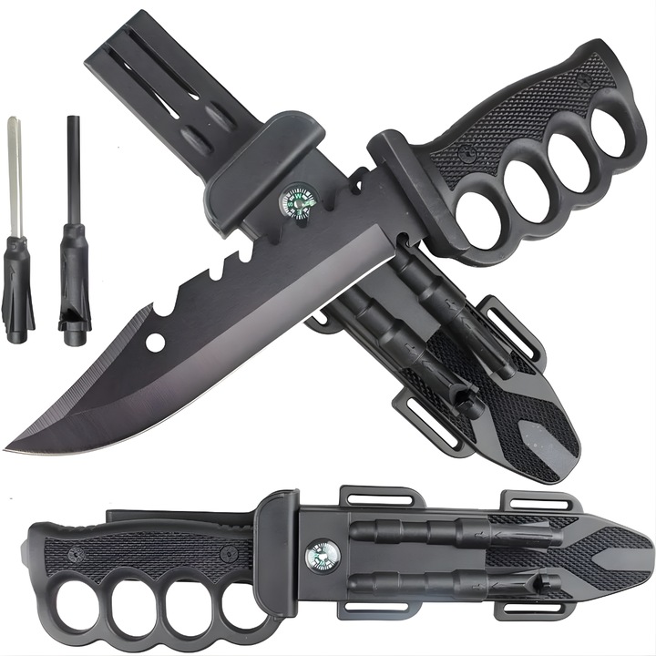 Cutit outdoor IZMAEL OF-39190, multifunctional, negru, 17, 1cm lama, toc multifunctional cu busola, flaut si briceag