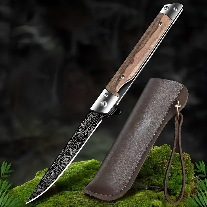 Cutit Outdoor Pliabil IZMAEL AB-32998, model damasc, maner din lemn, maro, 21, 5cm