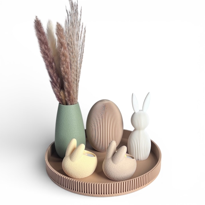Set decorativ de Paste cu tava – iepurasi sfesnice (tealight), ou decorativ si vaza