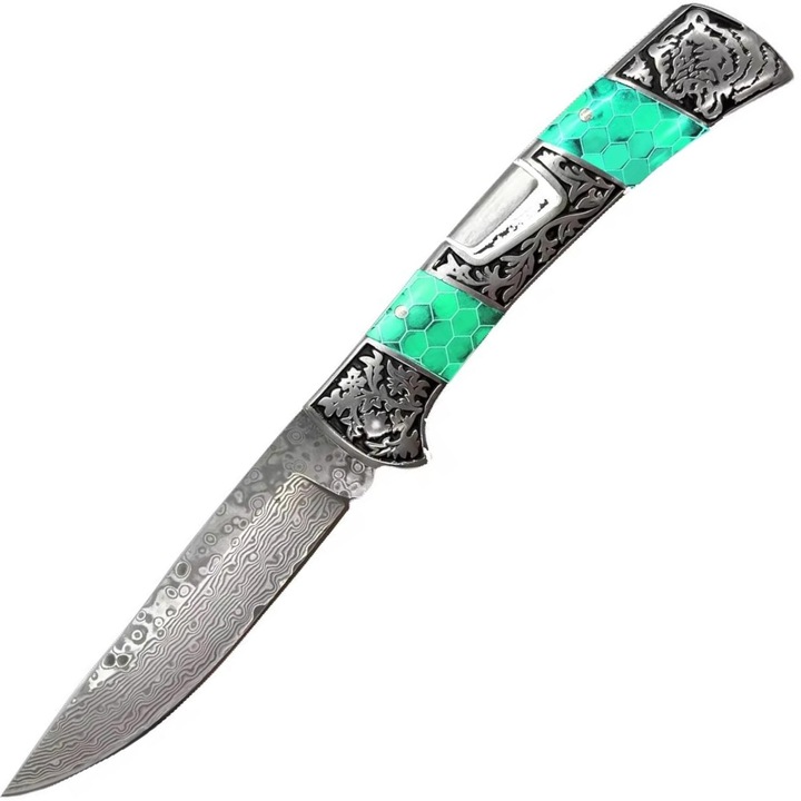 Cutit pliabil exterior IZMAEL Damascus CO-32803 DB3159, otel, fosforescent, verde, 22x10cm