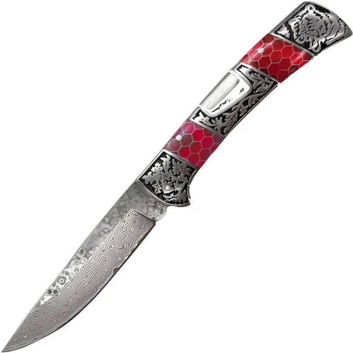 Cutit pliabil Izmael Damascus CO-32805 DB3159, argintiu/rosu/negru, 22x10cm