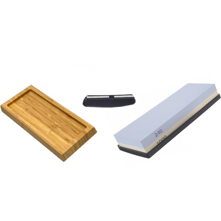 Piatra de ascuțit cu bază din bambus, IZMAEL, granulatie 240/1000, albastră/albă, 18x6x3cm, set complet