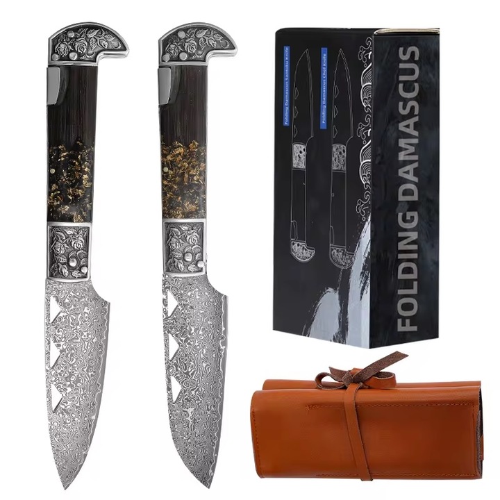 Set 2x Cutit pliabil de exterior IZMAEL Damascus, Auriu, 14, 5x26, 5cm si 14, 5x27, 2cm, cu teaca din piele
