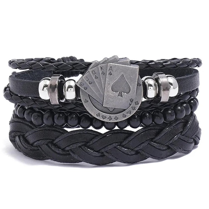 Brățară bărbați IZMAEL Playing Cards, negru, reglabil, din piele ecologică