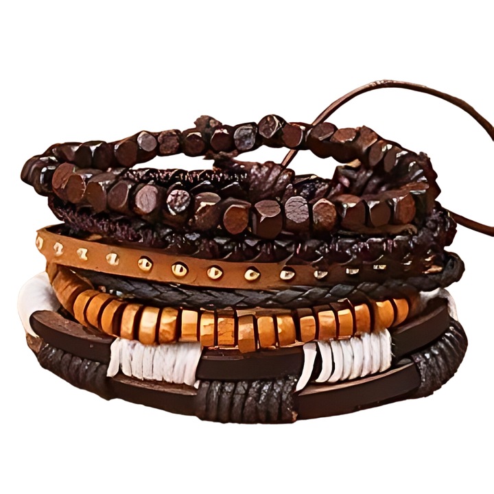 Brățări pentru bărbați IZMAEL, set 5 piese, piele ecologică, maro