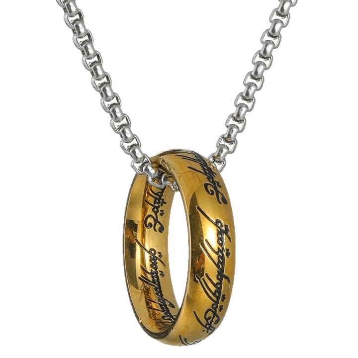 Lord of the rings the one ring, asskanaer, Inel si lant lord of the rings, Cu lant 60 cm, Cu text gravat, Perimetrul filmului the hobbit, Pentru cosplay, bijuterii de costume, colectie, Otel titan, Diametru 1.9 cm, Latime 0.6 cm, Auriu/Argintiu