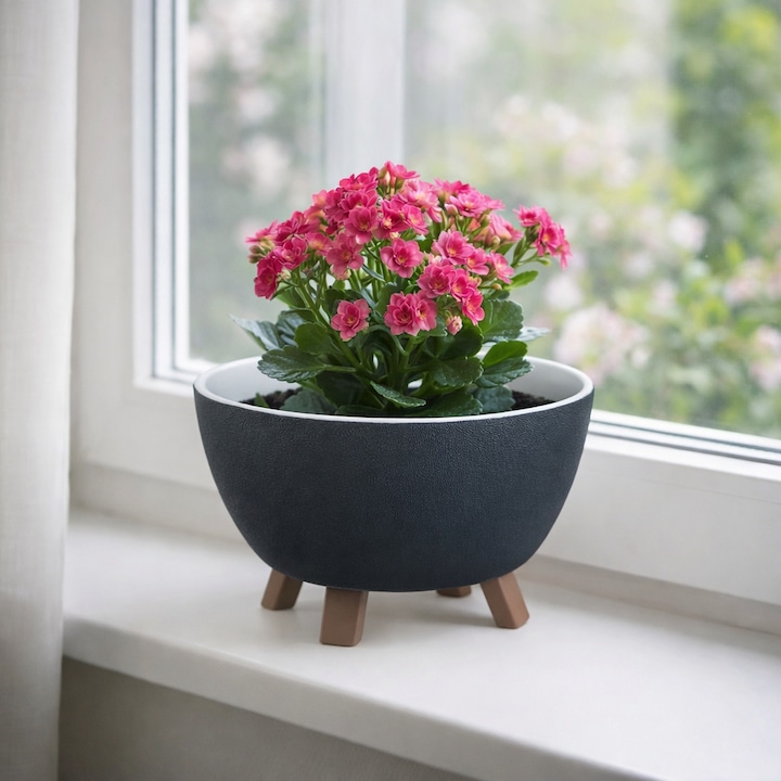 Ghiveci Decorativ Pentru Plante Cu Suport Pe Picioruse Din Plastic Cu Drenaj Si Recipient Detasabil Culoare Antracit Ø25x11cm 3.6L