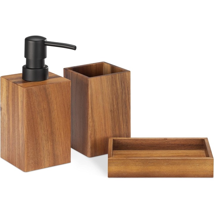 Set accesorii baie, Navaris, 3 piese, dispenser sapun lichid, suport periute dinti, savoniera, lemn, rezistente la umezeala, maro, dimensiuni: 10,5x6,5x6,5cm, 15,5x6,5x6,5cm, 12,5x8x2,6cm