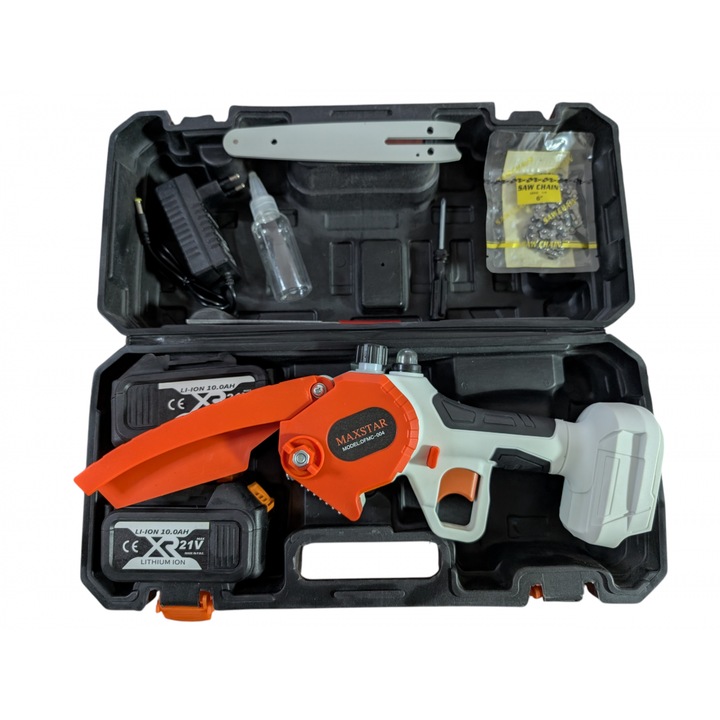 Mini drujba fara fir MAXSTAR 21V 10Ah – motor electric, lama 6″ + accesorii incluse