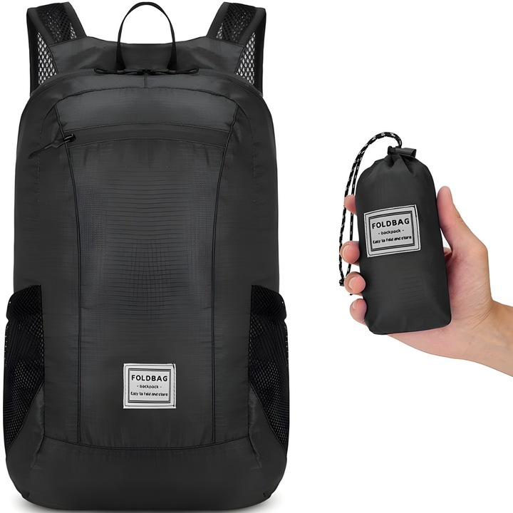 Rucsac pliabil impermeabil, IZMAEL, BP-39250, negru, 18l, 42x26x14cm