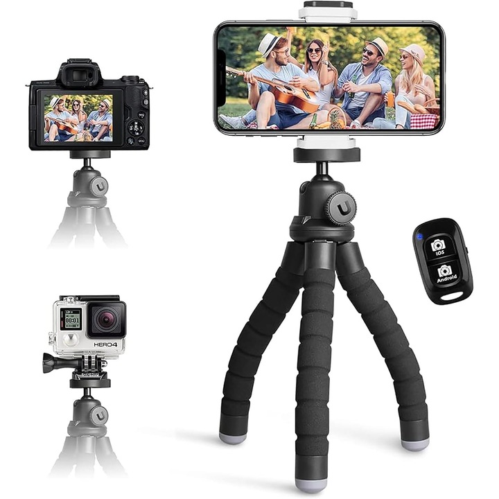 Trepied UBeesize cu Telecomanda, Compact si Stabil, Flexibil, Rotatie 360°, 25.4 cm - Potrivit pentru Smartphone-uri/Camere Foto/GoPro