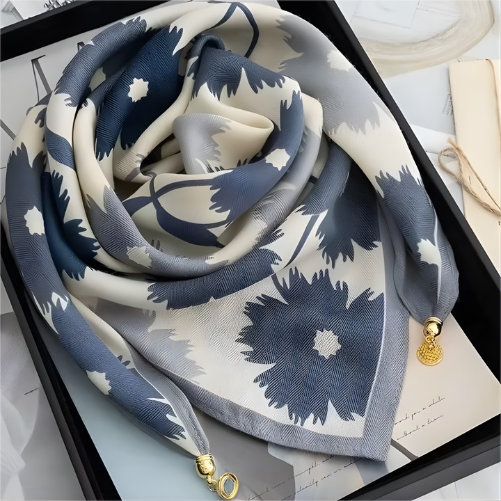 Șal IZMAEL TE-38914, model floral, albastru închis/gri, 68x68cm