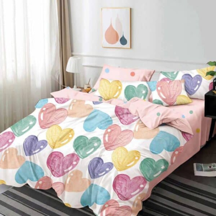 Set lenjerie de pat 2 persoane, cu imprimeu cu inimi multicolore „Colorful Hearts”, 6 piese, 180 x 200
