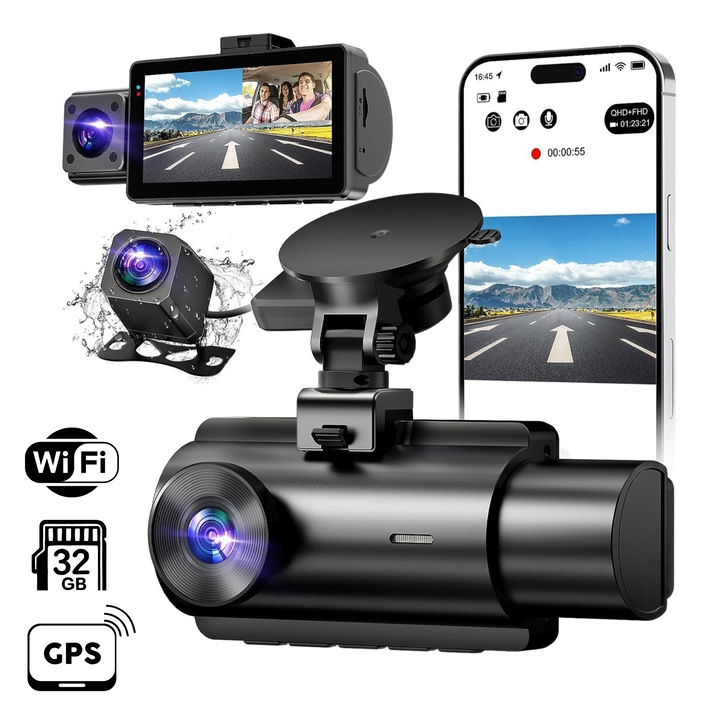 Camera Auto DVR ANGAVO© 4K cu 3 Camere Fata + Interior + Spate, Wi-Fi 5G, GPS, Night Vision IR, WDR, G-Sensor, Mod Parcare 24/7, Aplicatie Mobila, Inregistrare Continua, Neagra