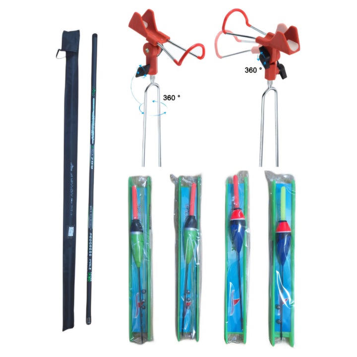 Set Pescuit la undita ( varga ), Undita Carbon 7 metri, 7 Segmente, 4 Linii Echilibrate, Suport inox reglabil 360 grade