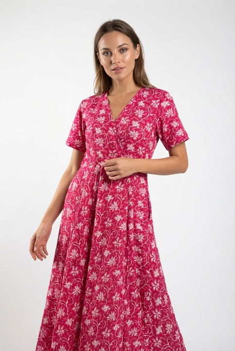 Rochie midi, bumbac imprimat manual, roz inchis, marime L