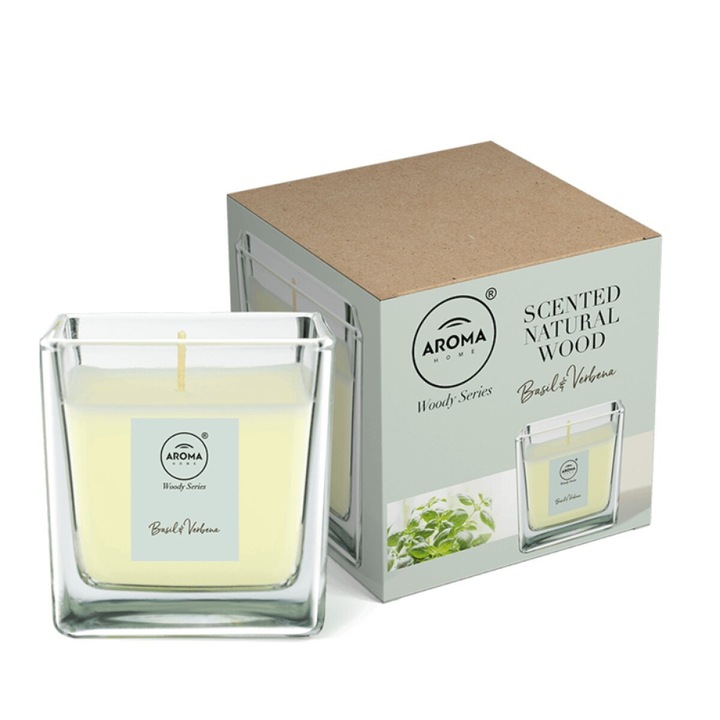 Lumanare parfumata Aroma Home, Basil & Verbena, gama Woody, 155g