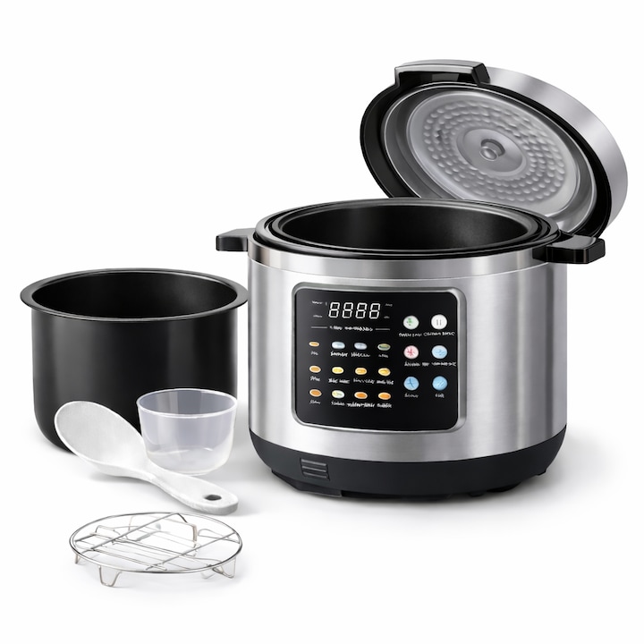 Multicooker, Oala Electrica Digitala, 6L, 1000W, Silver, Ecran Touch, 14 Programe Gatit, Incalzire La Baza, Temporizator Reglabil Peste 24 Ore, Oala Interioara Detasabila Antiaderenta, Gatire Rapida, Control Microcomputer, Usor De Curatat, COMPANIERO
