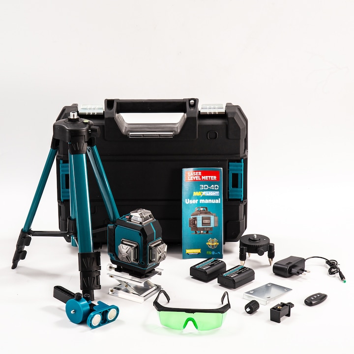 Nivela Laser Profesionala 4D 16 Linii Verde 360° MAXLIGHT, Autonivelare Automata, Trepied Reglabil, Baza Rotativa 360°, Telecomanda, 2 Acumulatori, Suport Magnetic, Ochelari Protectie, Manusi de Lucru, Valiza Transport, pentru Constructii si Amenajari Int