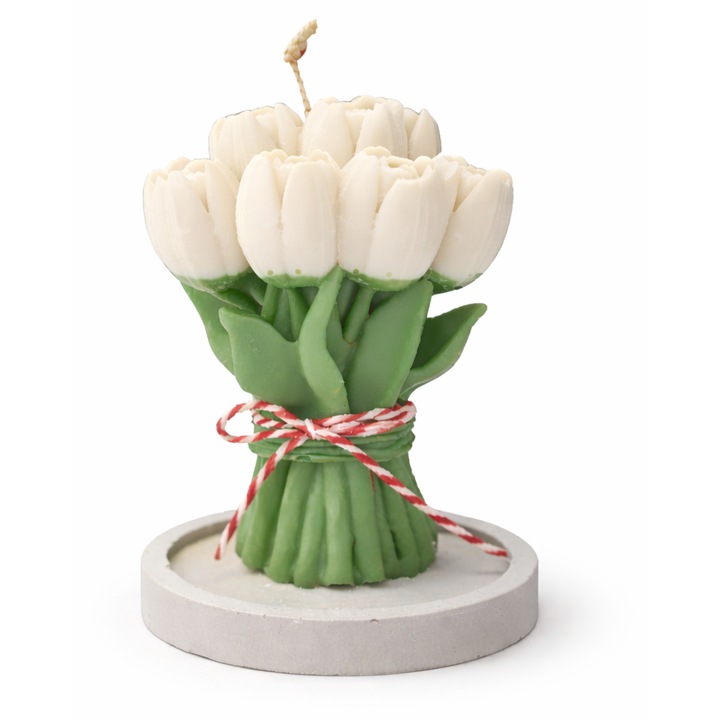 Lumanare parfumata pentru 1 si 8 Martie din ceara naturala de soia, Buchet cu lalele albe, cu suport de ciment alb, aroma Romance/Florala, 210 gr