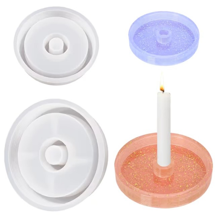 Matriță silicon pentru suport de lumânări, set 2 buc, rotunde, reutilizabile, multicolor