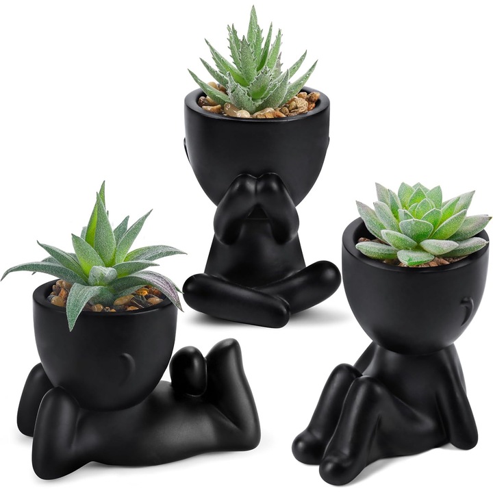 Set 3 Plante suculente artificiale false Excitat@, Planta decorativa, Mini plante cu ghivece in forme creative, Plante artificiale pentru rafturi, birouri, mese, birouri, decoratiuni interioare