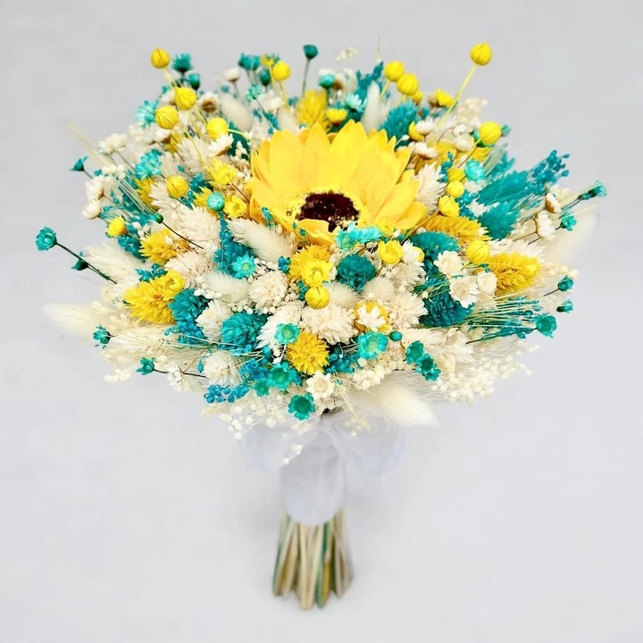 Buchet cu floarea soarelui, Eventissimi, personalizabil, flori naturale uscate, 20x17cm