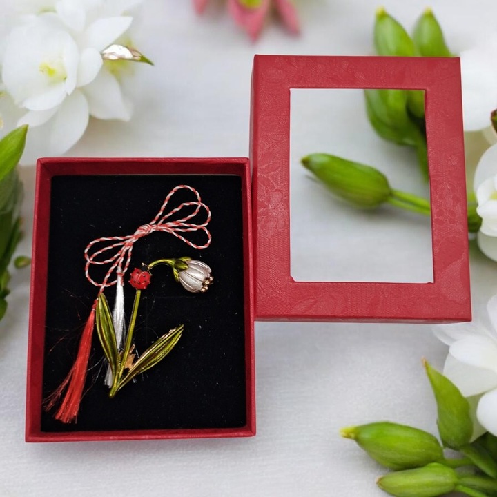 Martisor Brosa Mare Vision XXI, Ghiocel cu Email Alb si Cristale, in cutie satinata premium