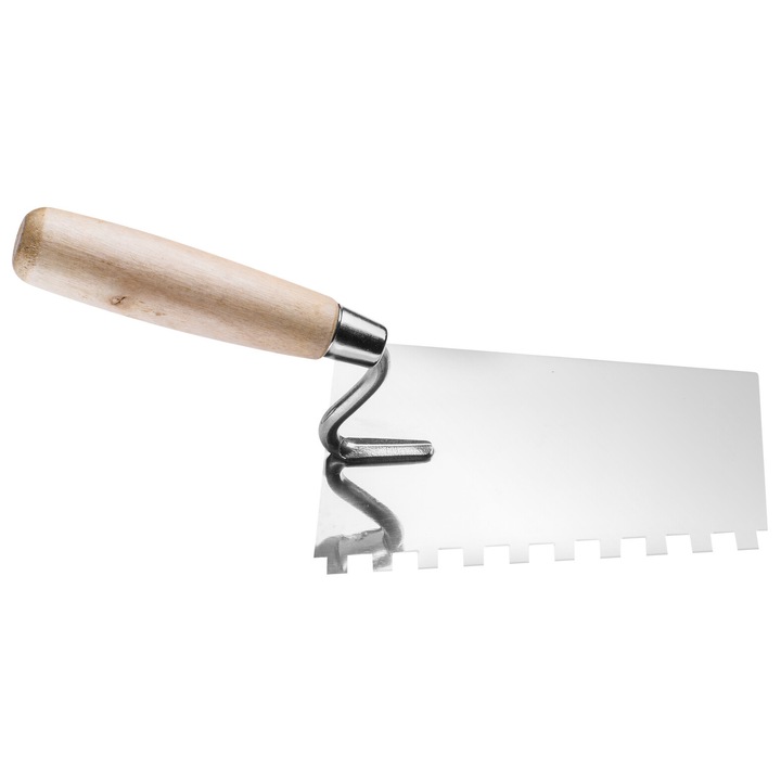 Mistrie de zidar Hardy cu zimti seria *26* din otel inoxidabil, 16 x 11 cm, dinti 8X8 mm, maner din lemn