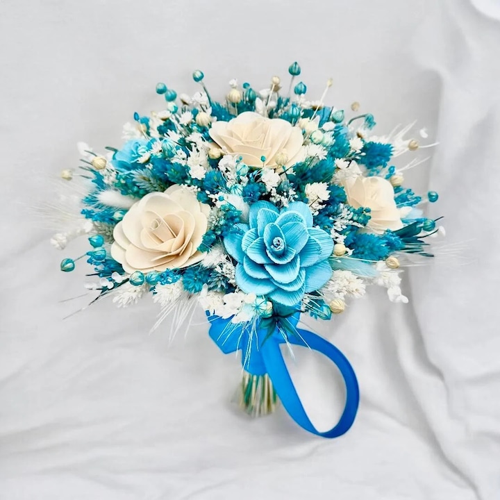 Buchet flori de câmp, Eventissimi, alb-albastru, 28x26cm, ideal pentru cununie civilă, nuntă, mireasă, nașă