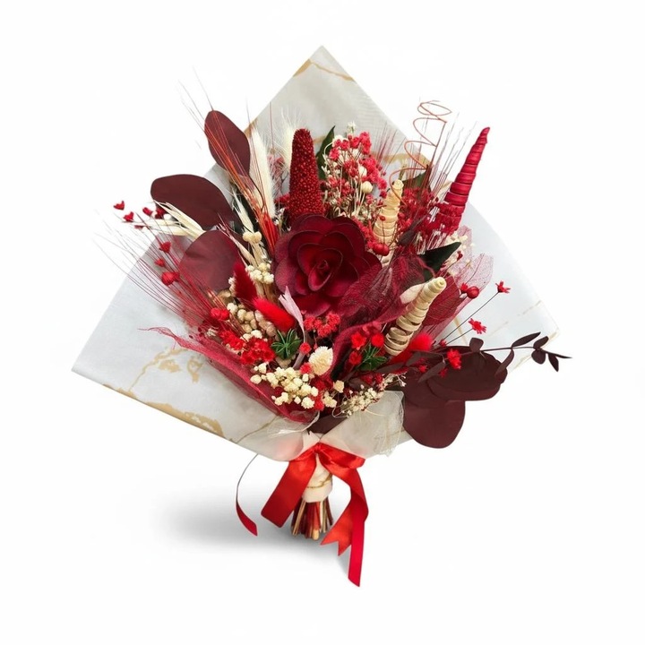 Buchet din flori naturale uscate Eventissimi, alb-roșu, 71 fire, rezistent, handmade