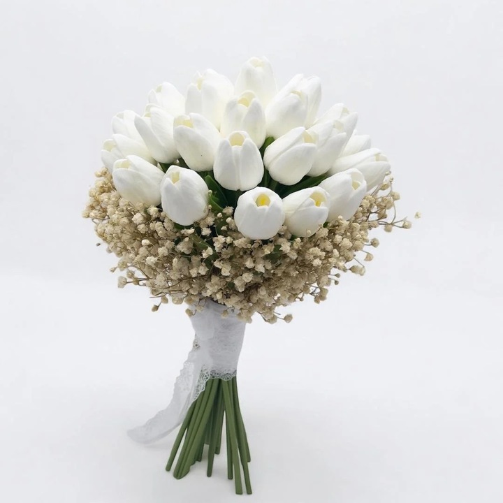 Buchet de mireasa Eventissimi, lalele albe, Gypsophilia, 28x25cm