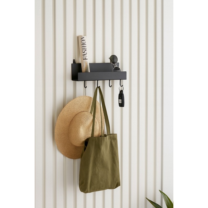 Cuier negru UnicSpot, 12x22x4, 5 cm, metal, design compact pentru hol